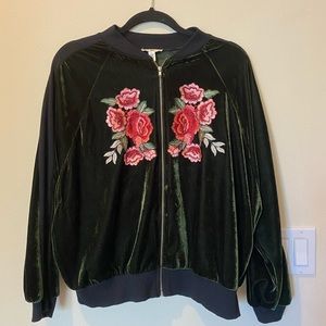 Green Bomber Jacket with Flowers Embroidered